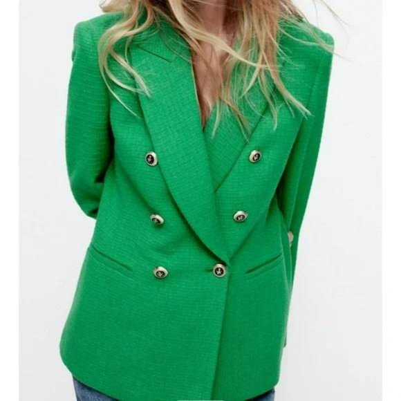 NWT ZARA BALMAIN STYLE TEXTURED BLAZER GOLD BUTTONS M GREEN - Picture 1 of 7